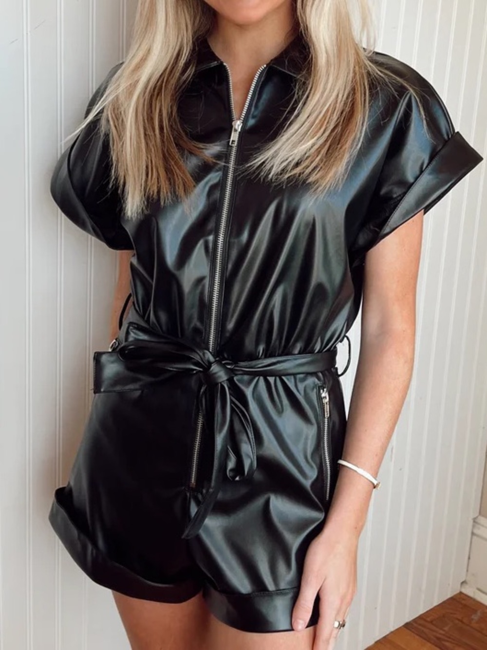 Black Faux Leather Short Zip Romper with Tie Waist